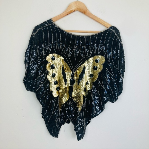 Vintage 70s silk sequin butterfly gold and black disco top. One size - Picture 5 of 9